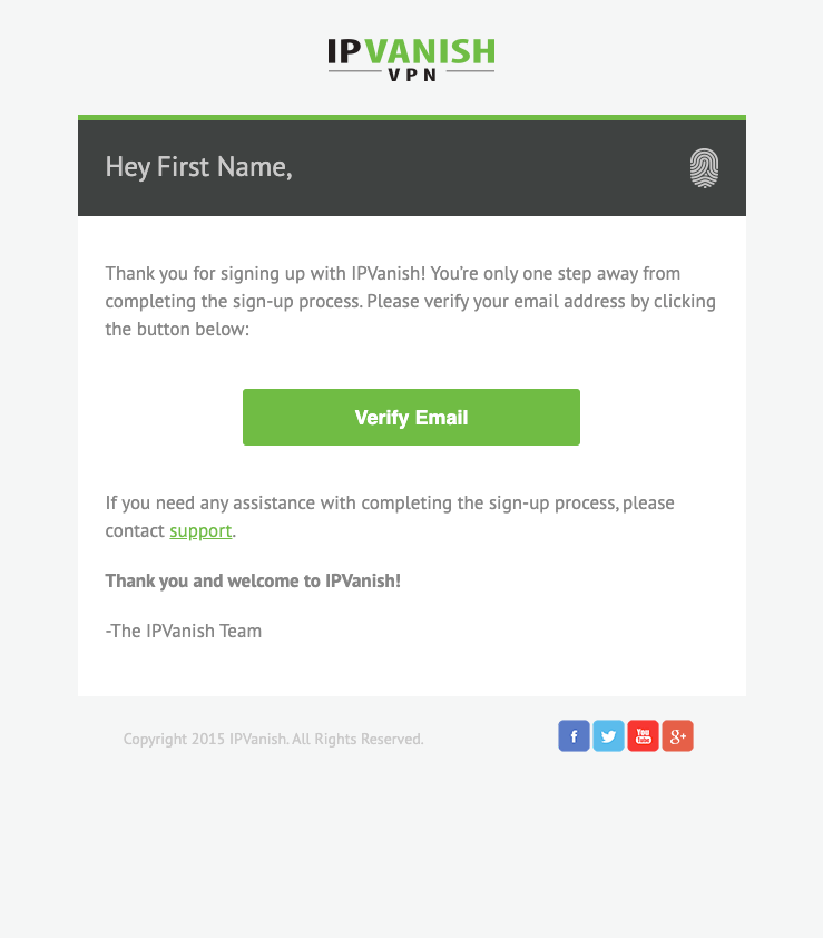 IPVanish welcome email — verify step