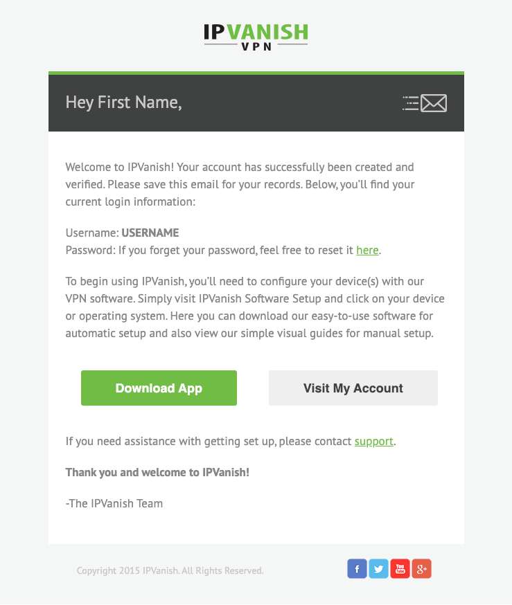 IPVanish welcome email — welcome step