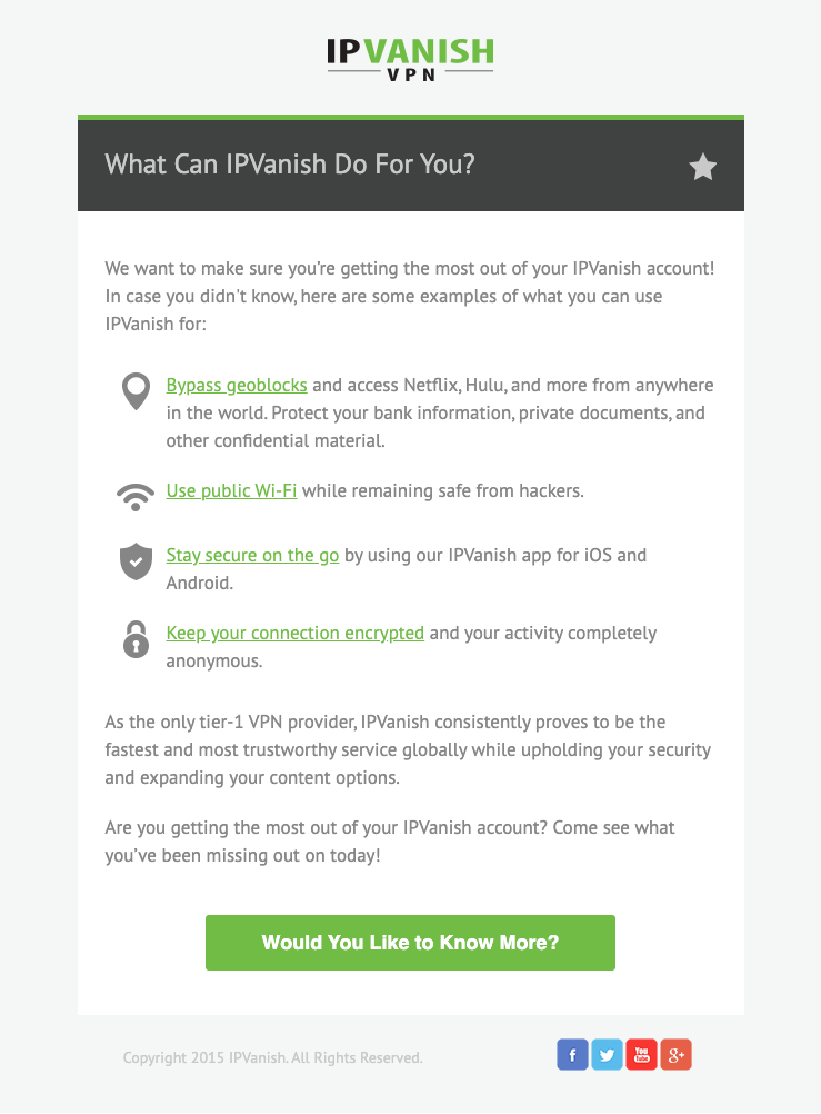 IPVanish welcome email — why step