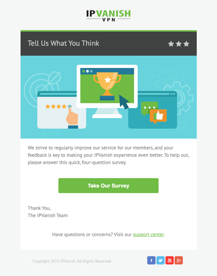 IPVanish welcome email — survey step